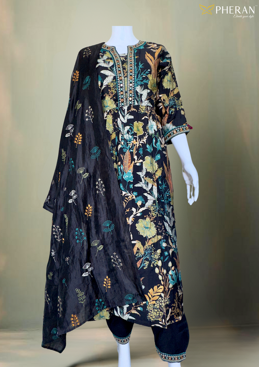 Pheran Black Floral Women's Anarkali Kurta Set with Dupatta (M4-1973-BL-AK)