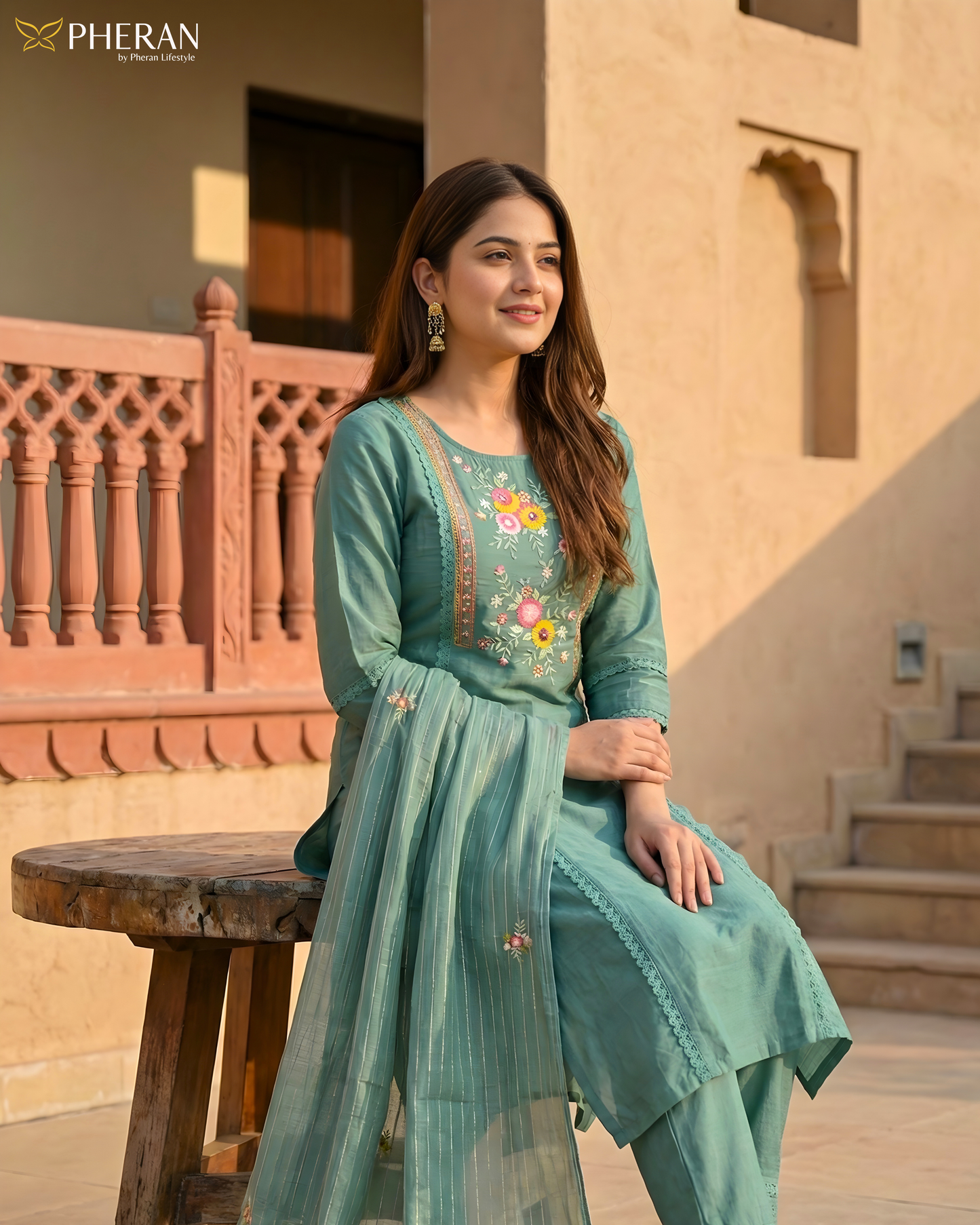 Pheran Verdant Green Embroidered Kurta Set with Dupatta (SV-KL75-GN)