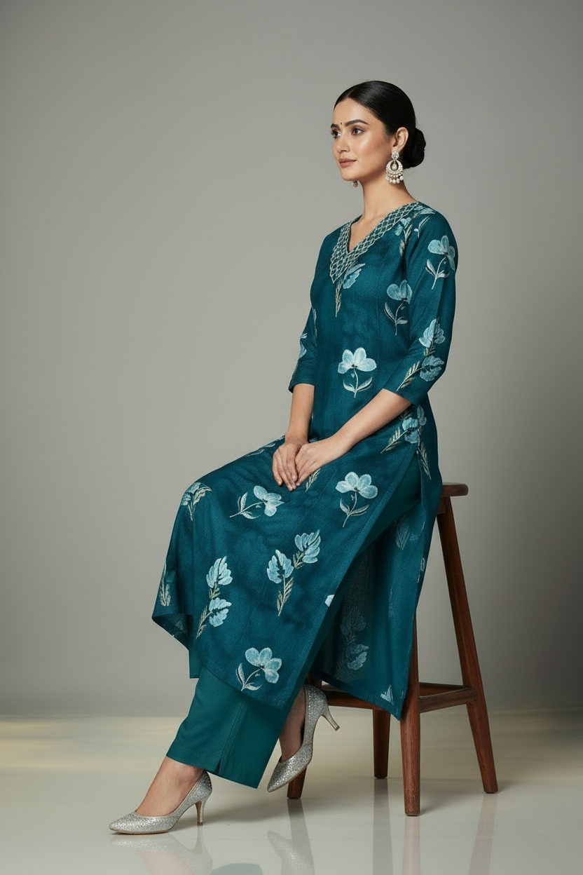 Pheran Teal Green Floral Printed Kurta Set with Embellished Neckline (M4-NU10-TB-SU)
