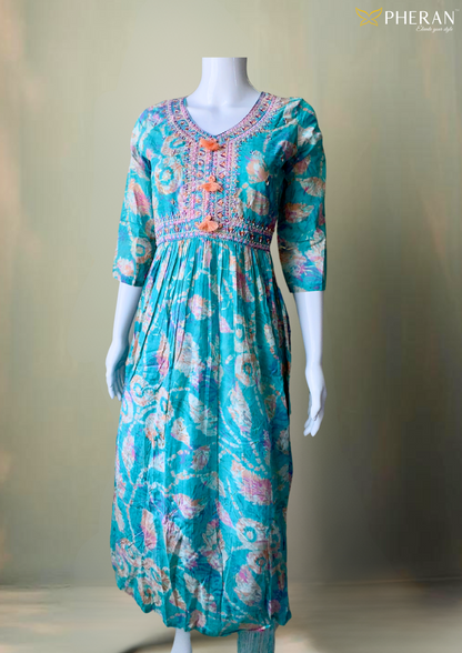 Pheran Premium Women's  Teal Floral Anarkali Suit (M4-1236-SB-AK)