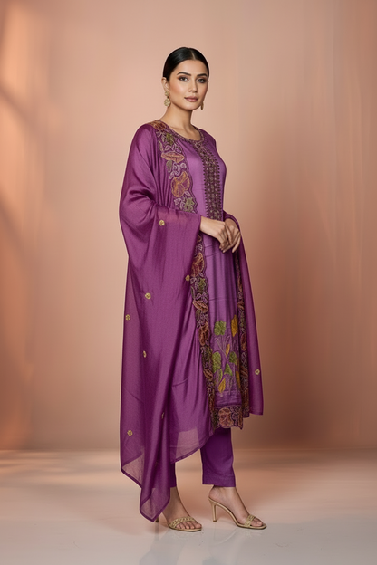 Pheran Lavender Floral Embroidered Kurta Set with Dupatta (A2-LV-SU)