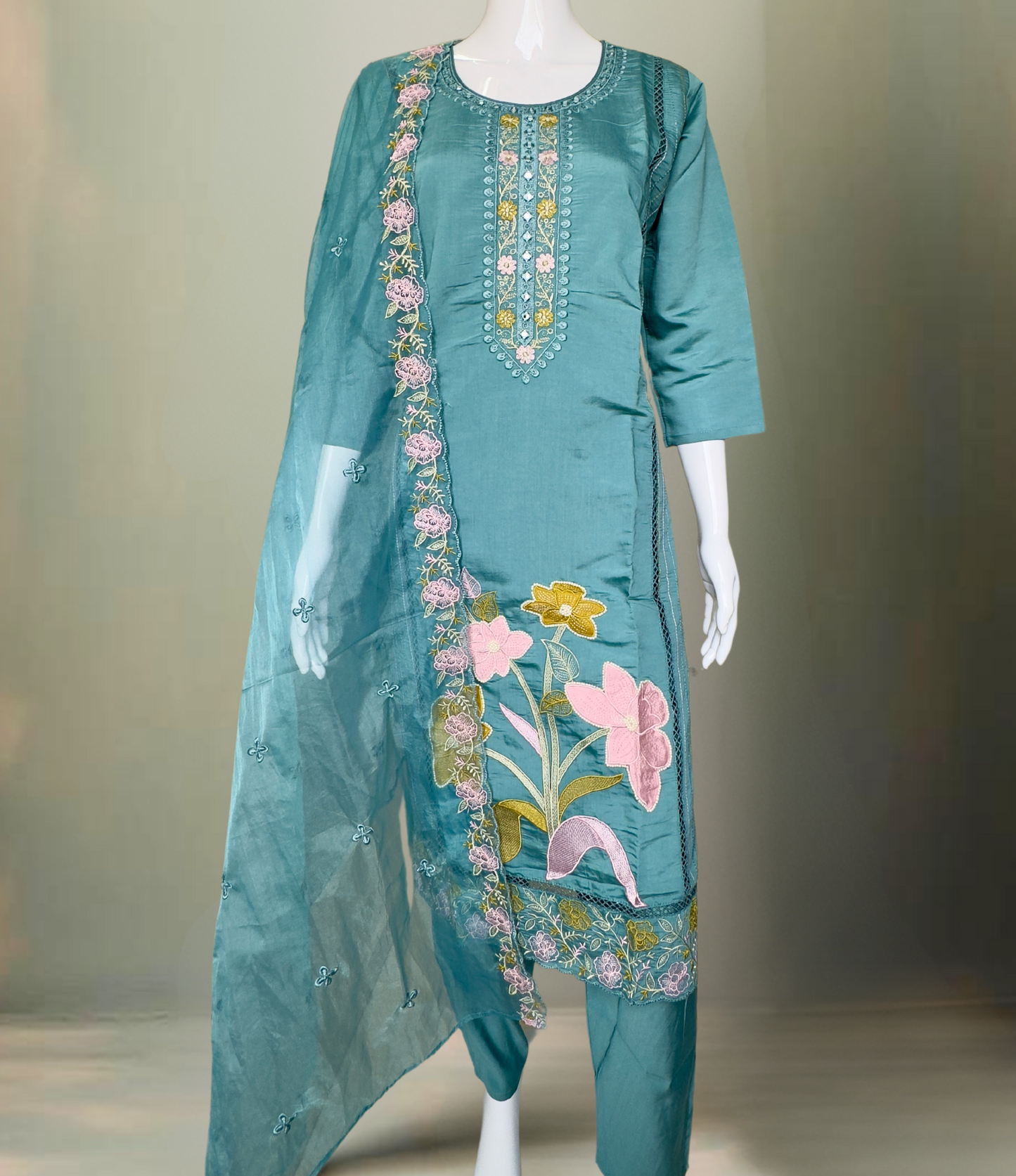 Pheran Teal Green Floral Embroidered Satin Silk Kurta Set with Dupatta (A2-TGS-SU)