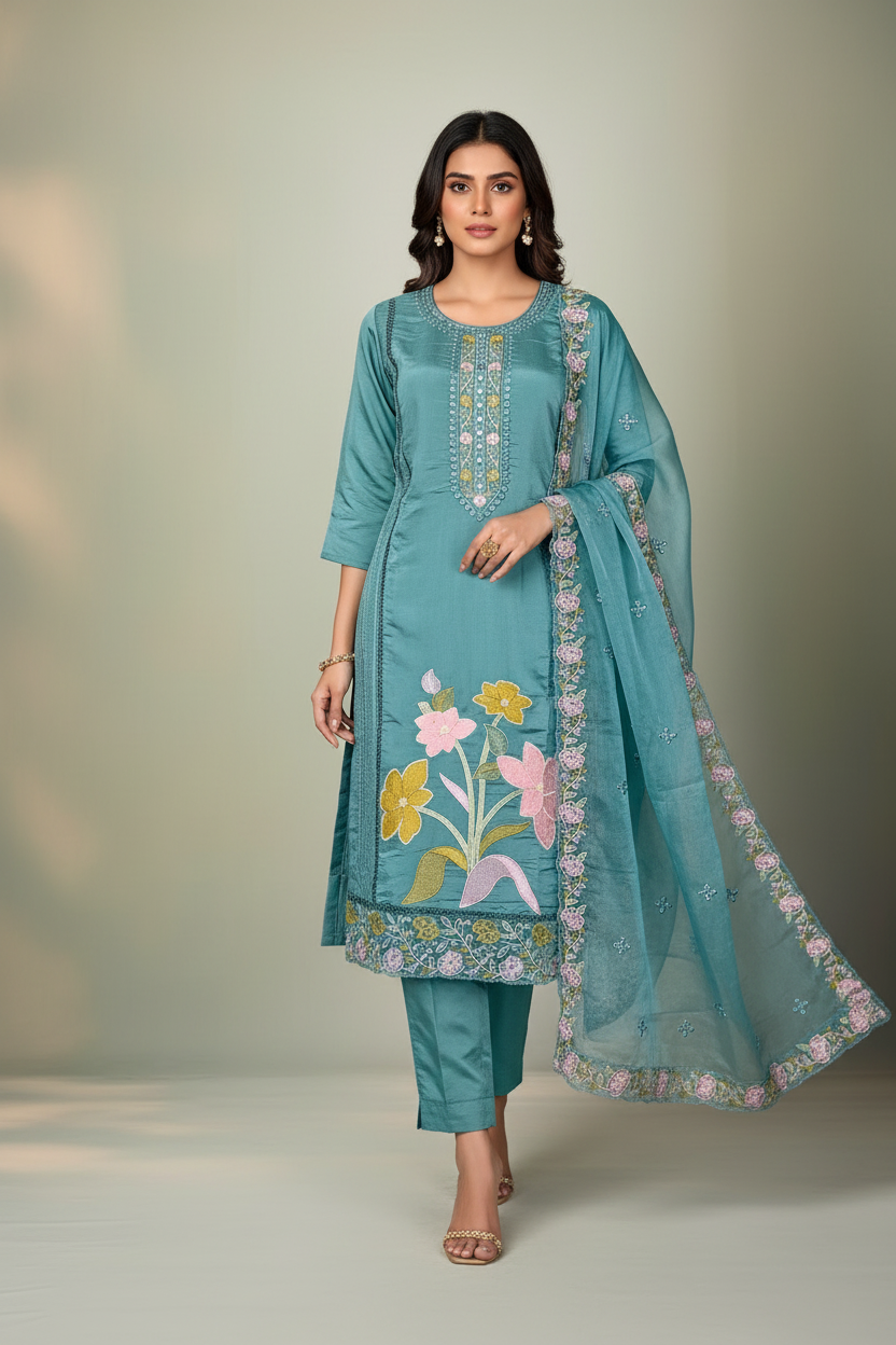Pheran Teal Green Floral Embroidered Satin Silk Kurta Set with Dupatta (A2-TGS-SU)