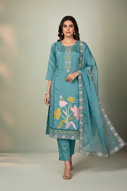 Pheran Teal Green Floral Embroidered Satin Silk Kurta Set with Dupatta (A2-TGS-SU)