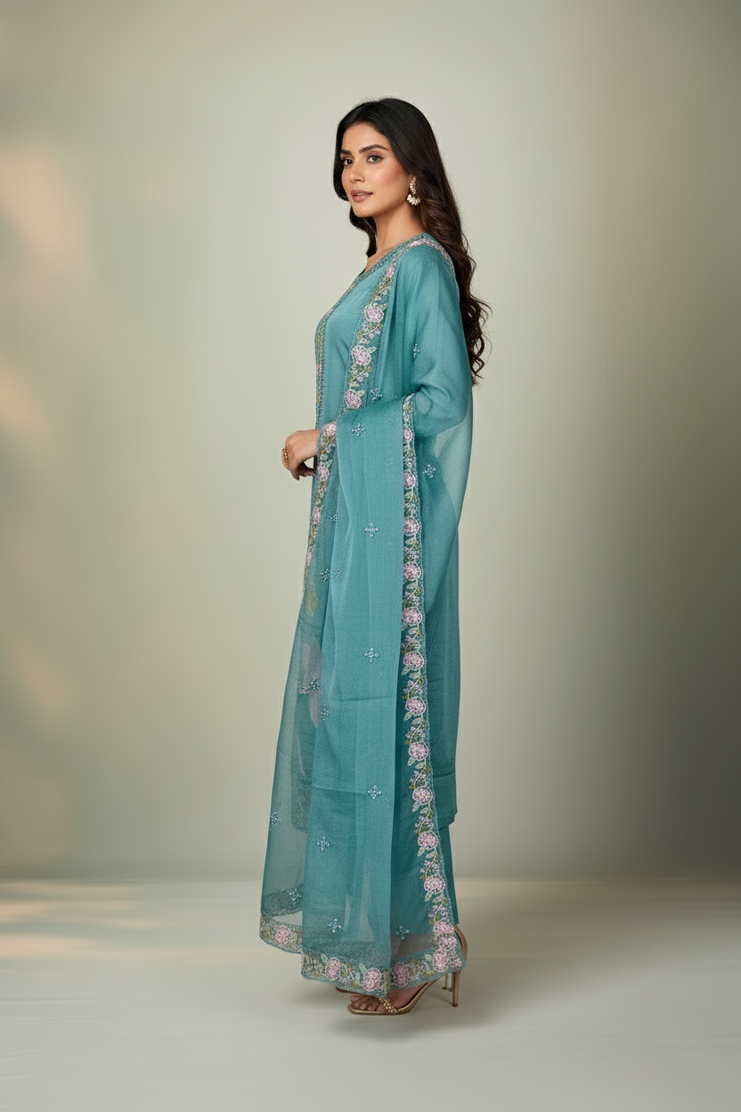 Pheran Teal Green Floral Embroidered Satin Silk Kurta Set with Dupatta (A2-TGS-SU)