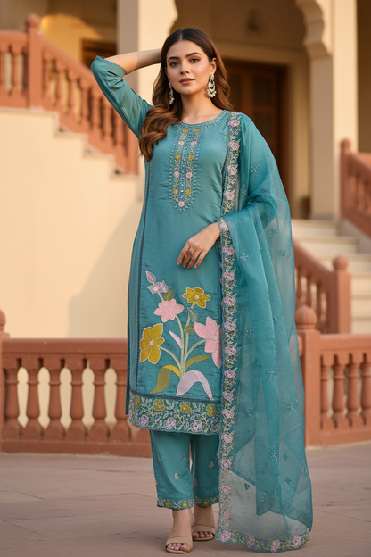 Pheran Teal Green Floral Embroidered Satin Silk Kurta Set with Dupatta (A2-TGS-SU)
