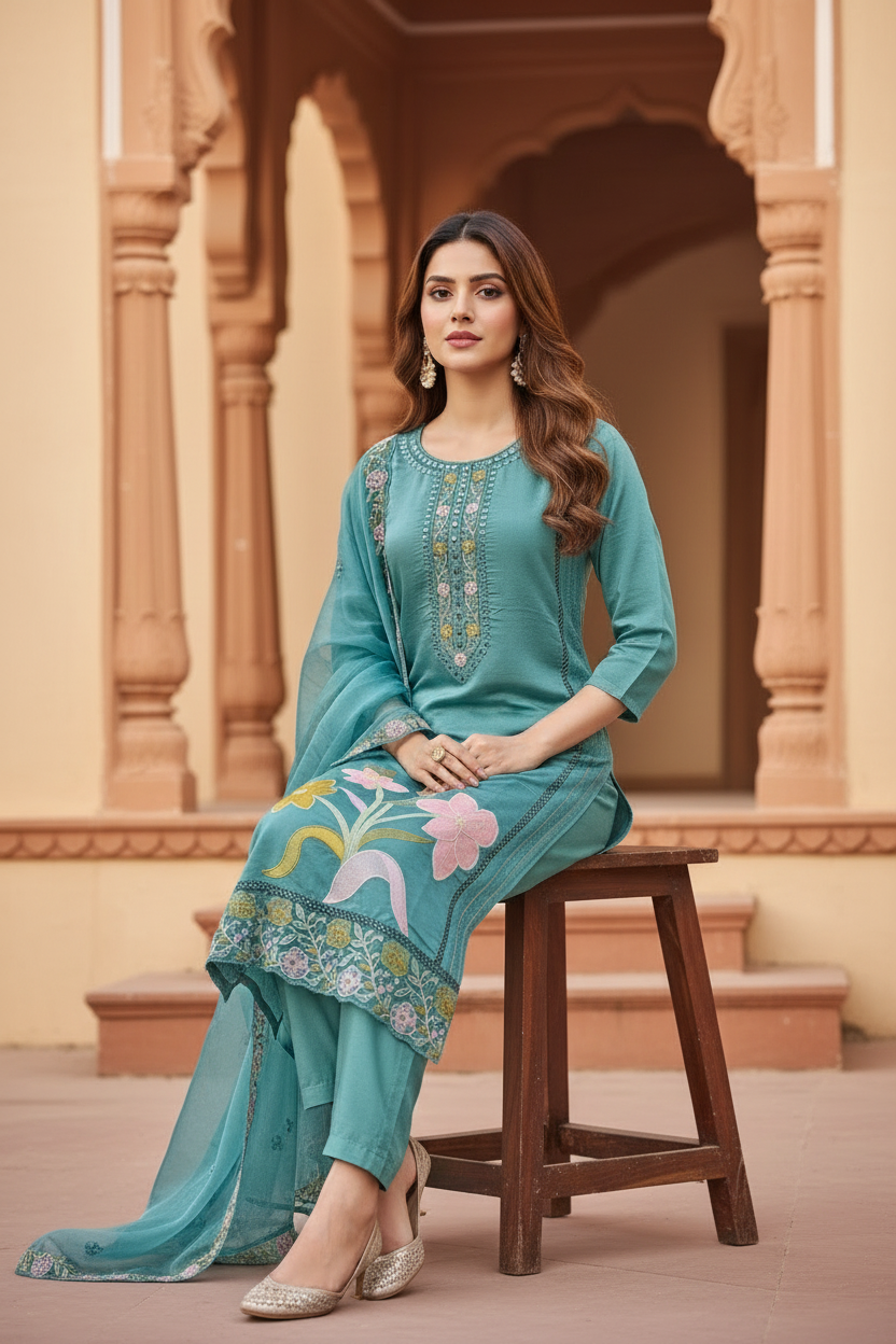 Pheran Teal Green Floral Embroidered Satin Silk Kurta Set with Dupatta (A2-TGS-SU)