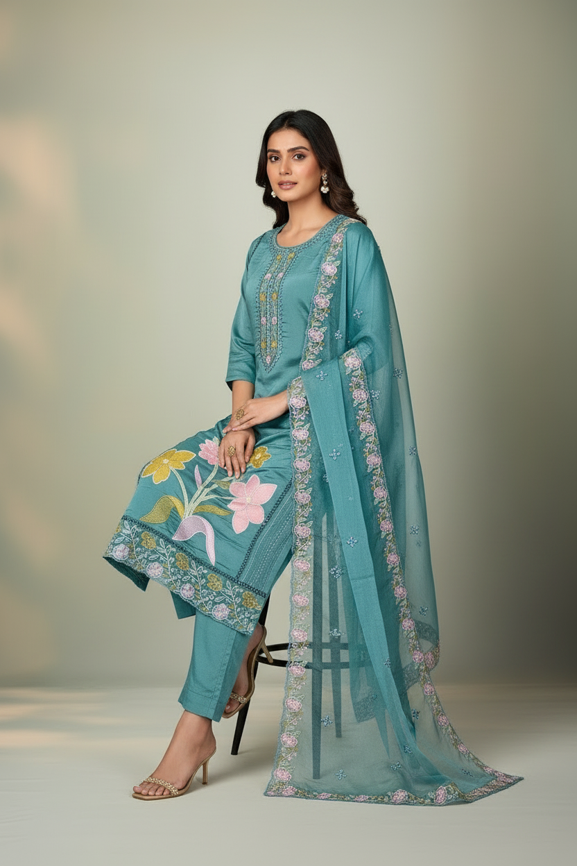 Pheran Teal Green Floral Embroidered Satin Silk Kurta Set with Dupatta (A2-TGS-SU)