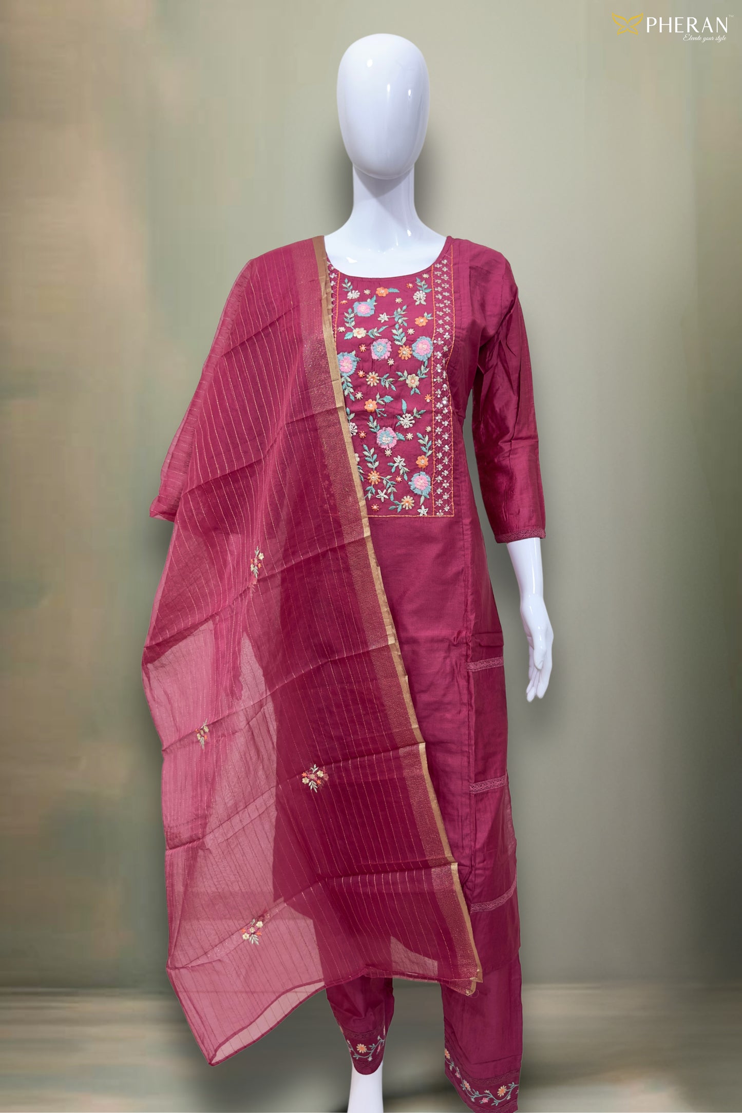 Pheran Deep Maroon Floral Embroidered Kurta Set with Dupatta (SV-KL72-MN)