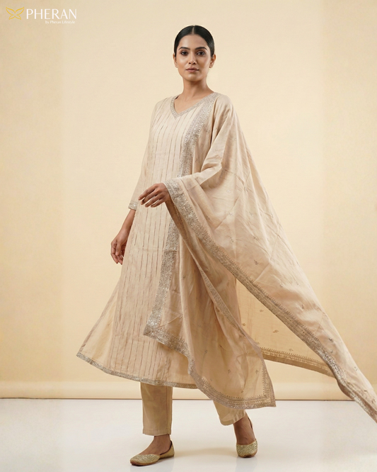 Pheran Women's Elegant Beige Suit Set with Silver Detailing AM76