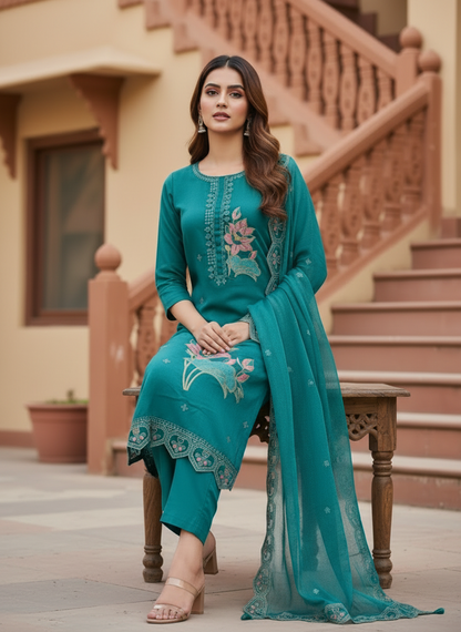 Pheran Teal Blue Floral Embroidered Kurta Set with Dupatta (A2-TAB-SU)