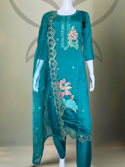 Pheran Teal Blue Floral Embroidered Kurta Set with Dupatta (A2-TAB-SU)