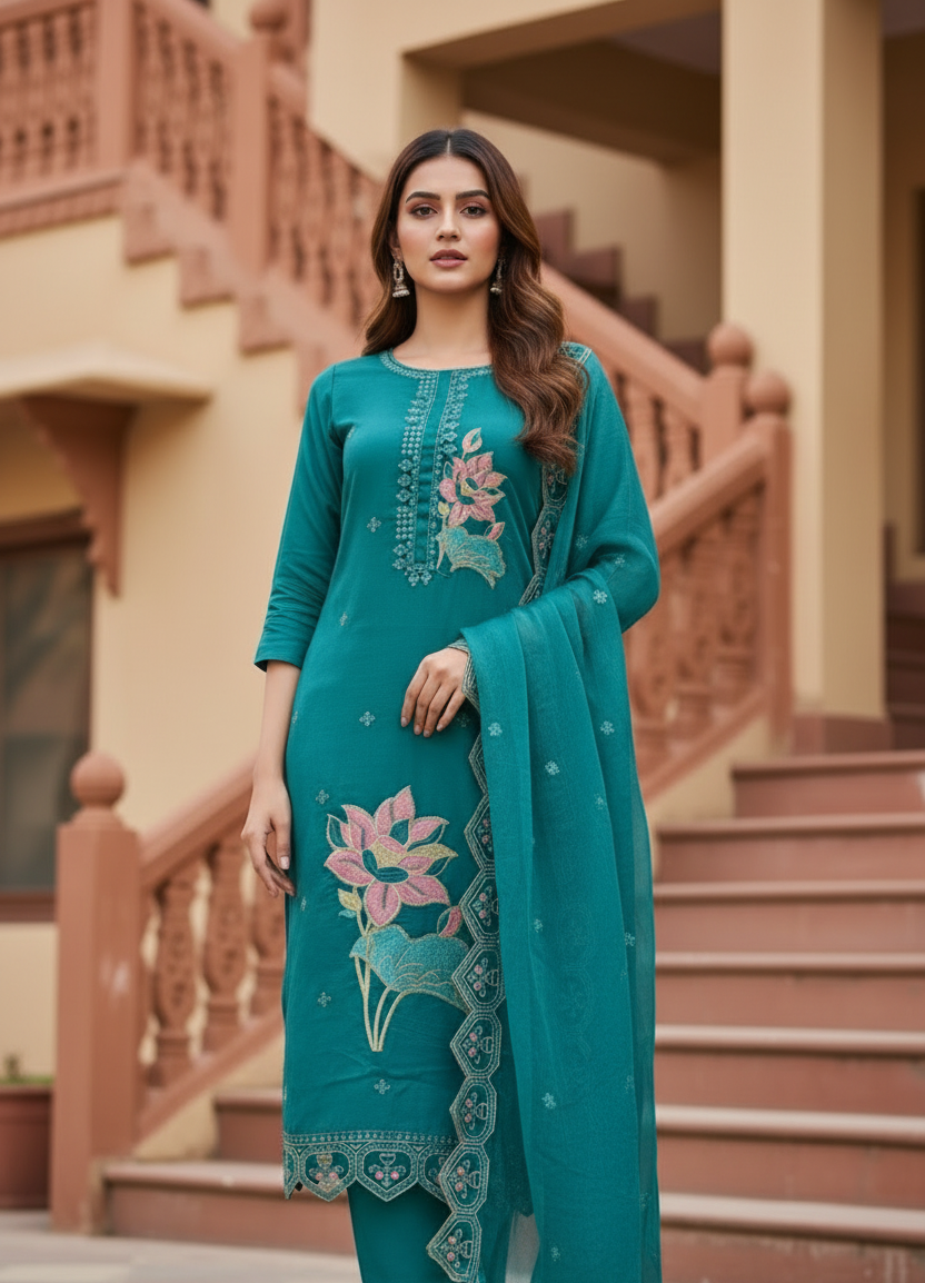 Pheran Teal Blue Floral Embroidered Kurta Set with Dupatta (A2-TAB-SU)
