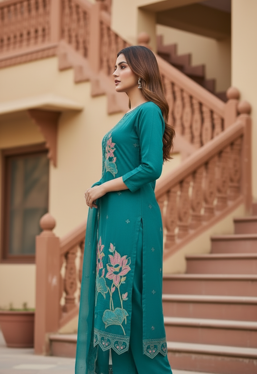 Pheran Teal Blue Floral Embroidered Kurta Set with Dupatta (A2-TAB-SU)