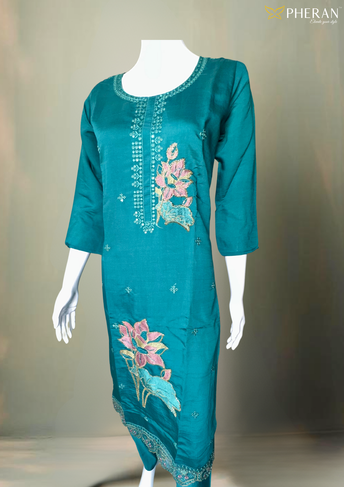 Pheran Teal Blue Floral Embroidered Kurta Set with Dupatta (A2-TAB-SU)