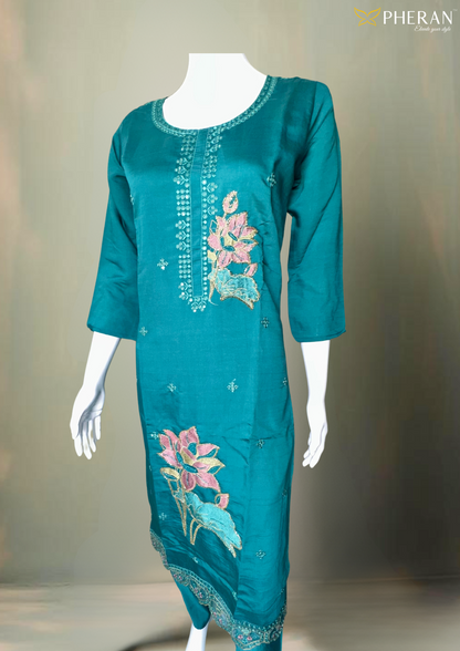 Pheran Teal Blue Floral Embroidered Kurta Set with Dupatta (A2-TAB-SU)