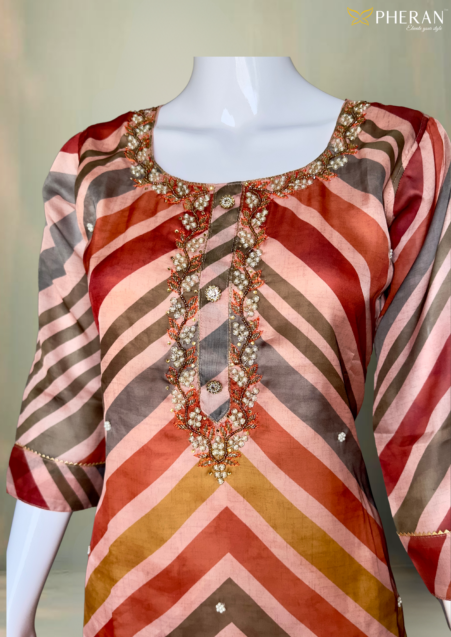 Pheran Peach Multicolored Striped Kurta Set with Floral Dupatta (M4-HE42-PM-SU)