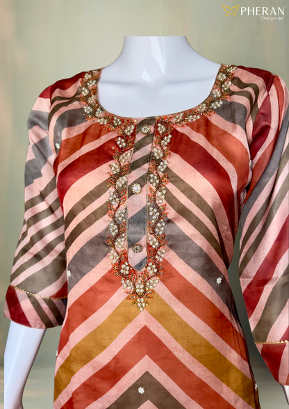 Pheran Peach Multicolored Striped Kurta Set with Floral Dupatta (M4-HE42-PM-SU)