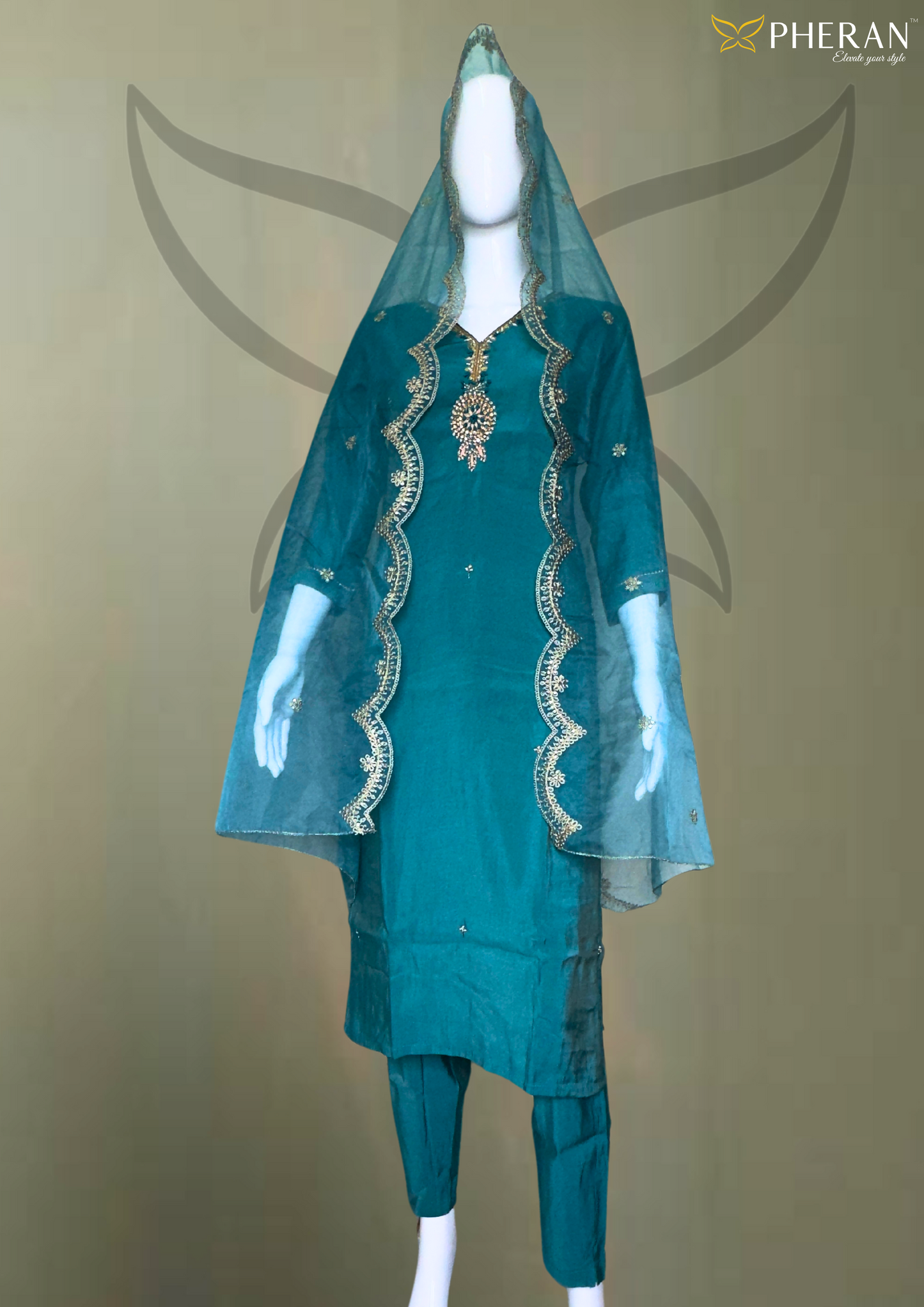 Pheran Women Teal Embroidered Kurta Set with Trousers and Dupatta (BO-DN-816)