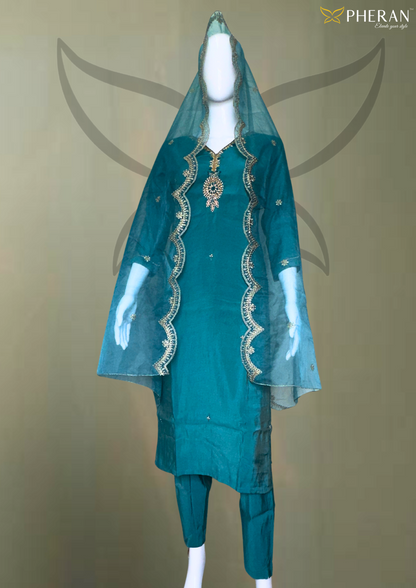 Pheran Women Teal Embroidered Kurta Set with Trousers and Dupatta (BO-DN-816)