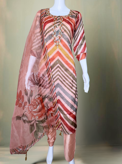 Pheran Peach Multicolored Striped Kurta Set with Floral Dupatta (M4-HE42-PM-SU)