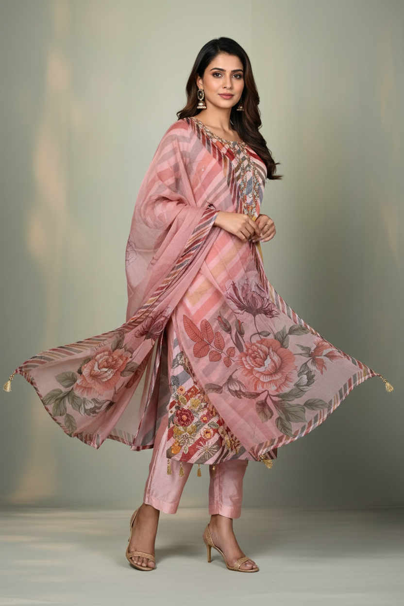 Pheran Peach Multicolored Striped Kurta Set with Floral Dupatta (M4-HE42-PM-SU)