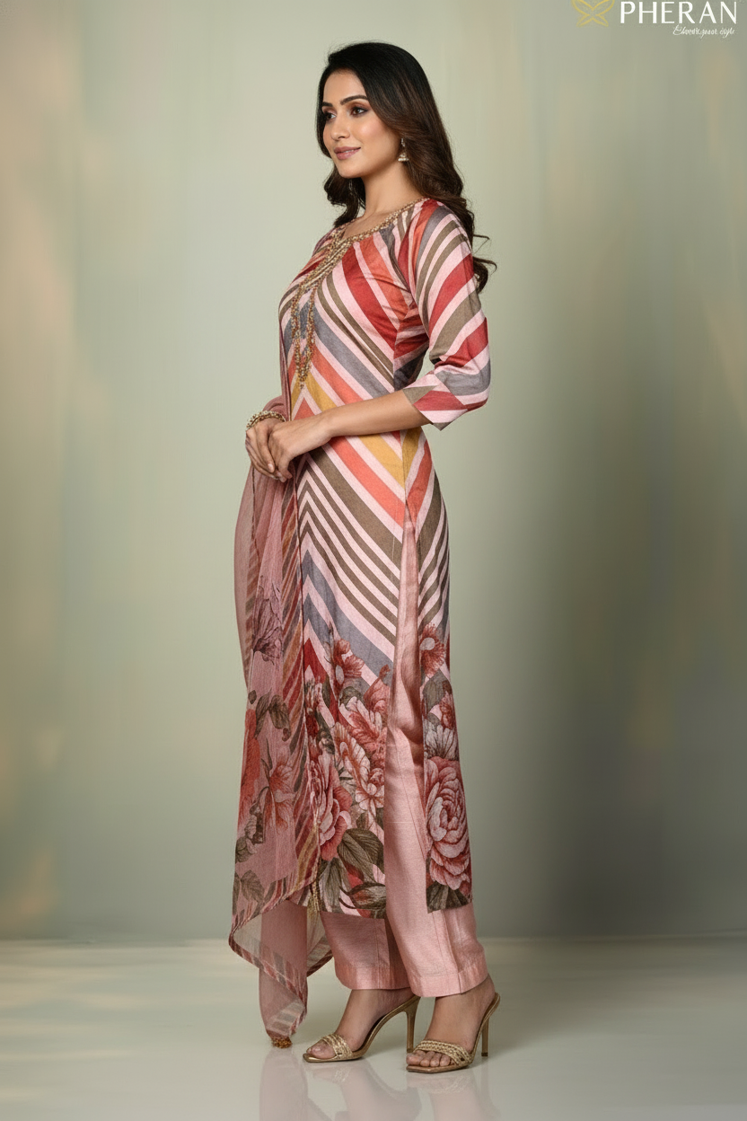 Pheran Peach Multicolored Striped Kurta Set with Floral Dupatta (M4-HE42-PM-SU)