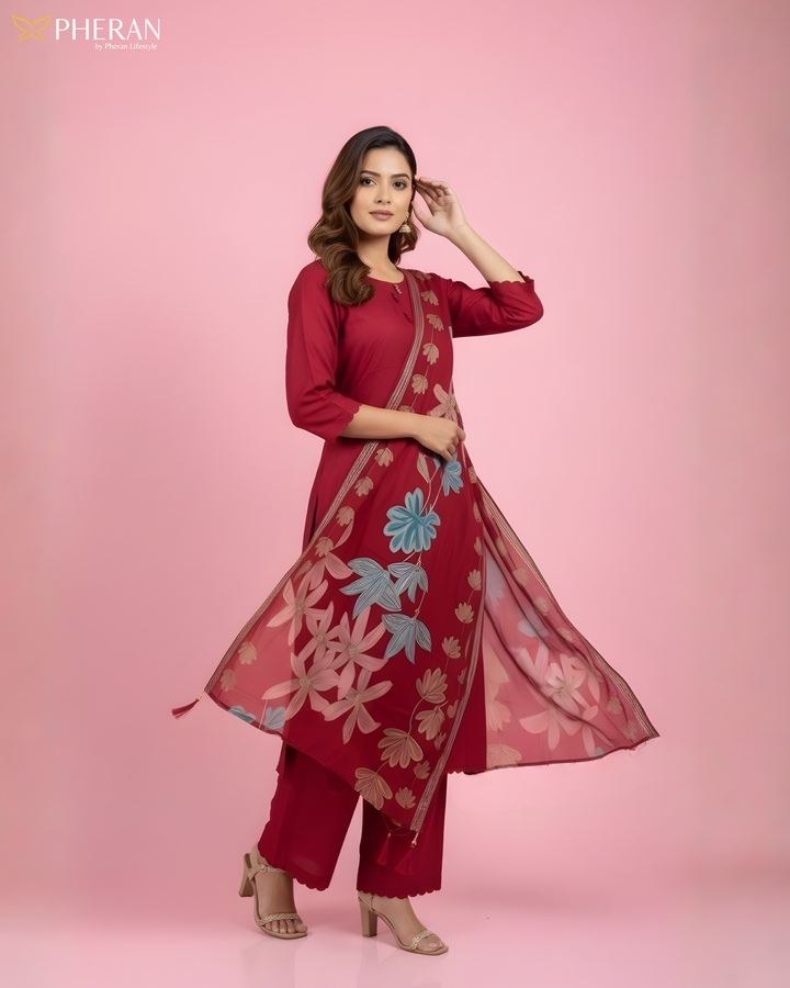 Pheran Women's Ruby Red Modal Suit Set with Floral Print Dupatta  AM75