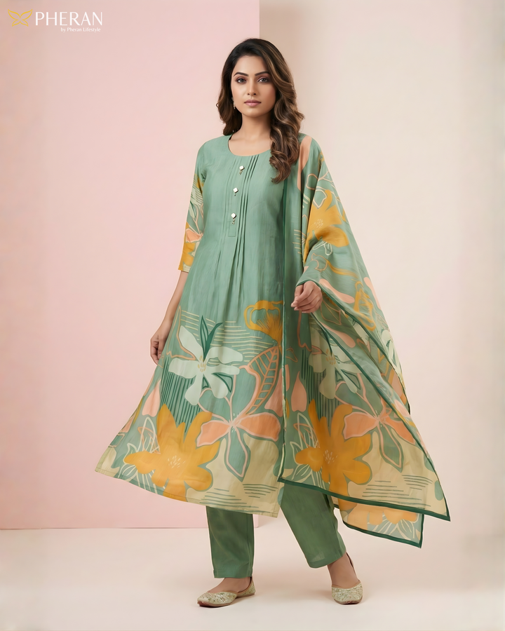 Pheran Women's Sage Green Premium Silk Cotton Suit Set  AM78