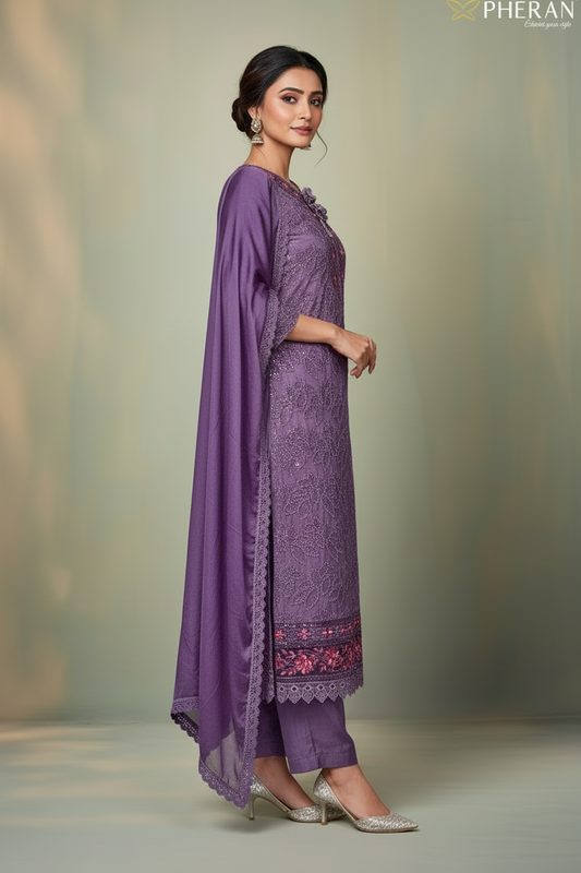 Pheran Mauve Or Purple Embroidered  Kurta Set with Dupatta (A2-PRM-SU)