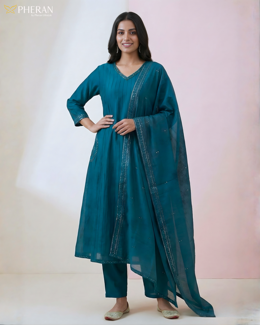 Pheran Women's Solid Teal Blue Cotton Suit Set AM83