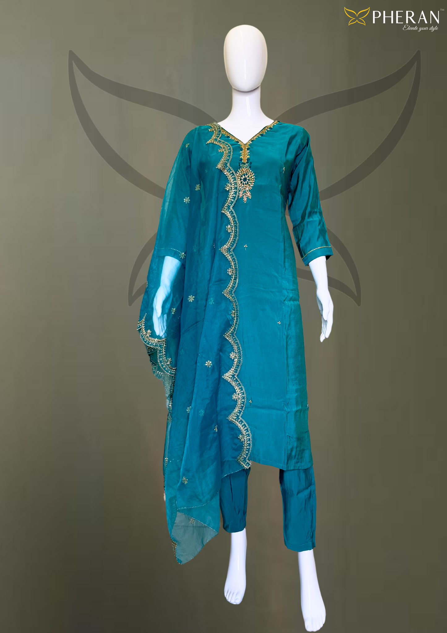 Pheran Women Teal Embroidered Kurta Set with Trousers and Dupatta (BO-DN-816)