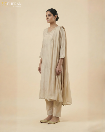 Pheran Women's Elegant Beige Suit Set with Silver Detailing AM76