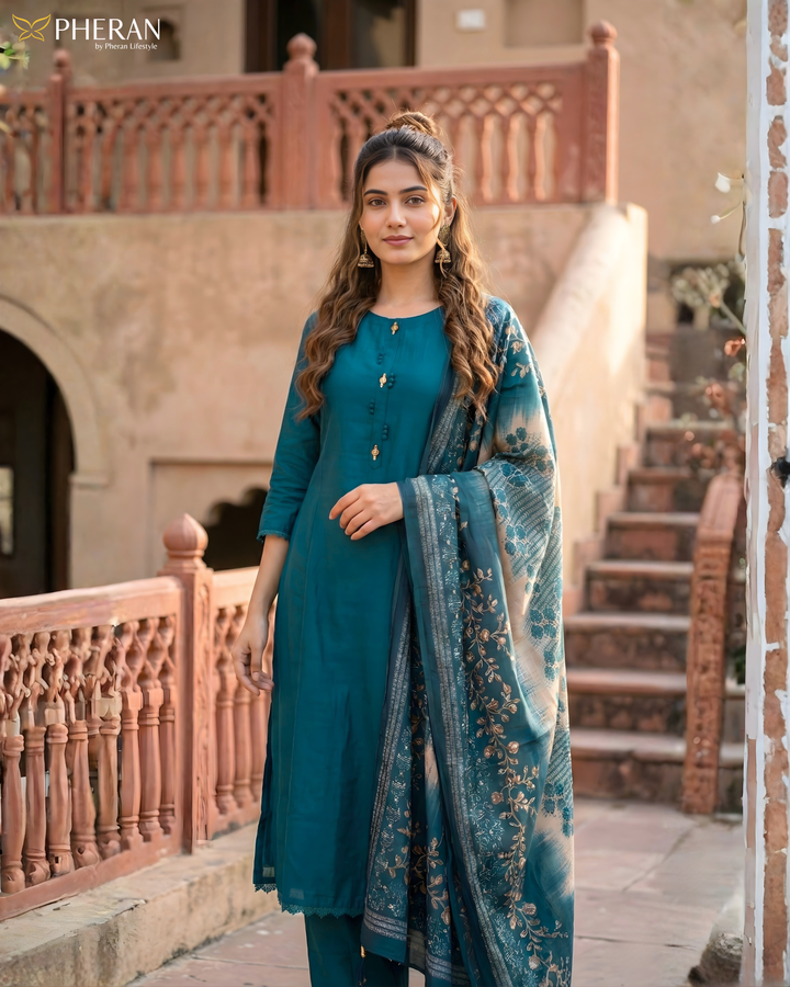 Pheran Women's Deep Teal Suit Set with Kalamkari-Inspired Print Dupatta AM77