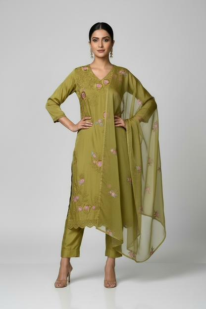 Pheran Women’s Mustard Yellow Floral Embroidered Suit Set with Dupatta (A2-MY-SU)