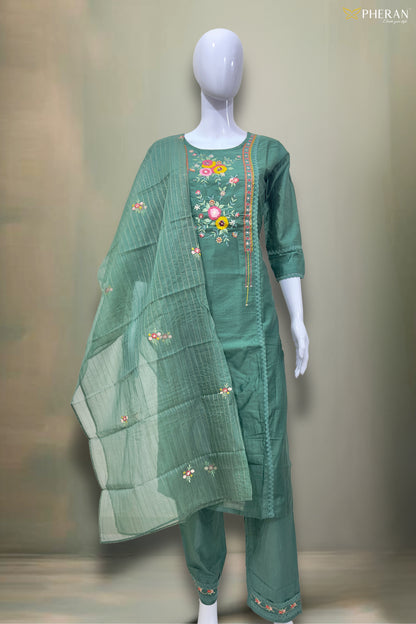 Pheran Verdant Green Embroidered Kurta Set with Dupatta (SV-KL75-GN)