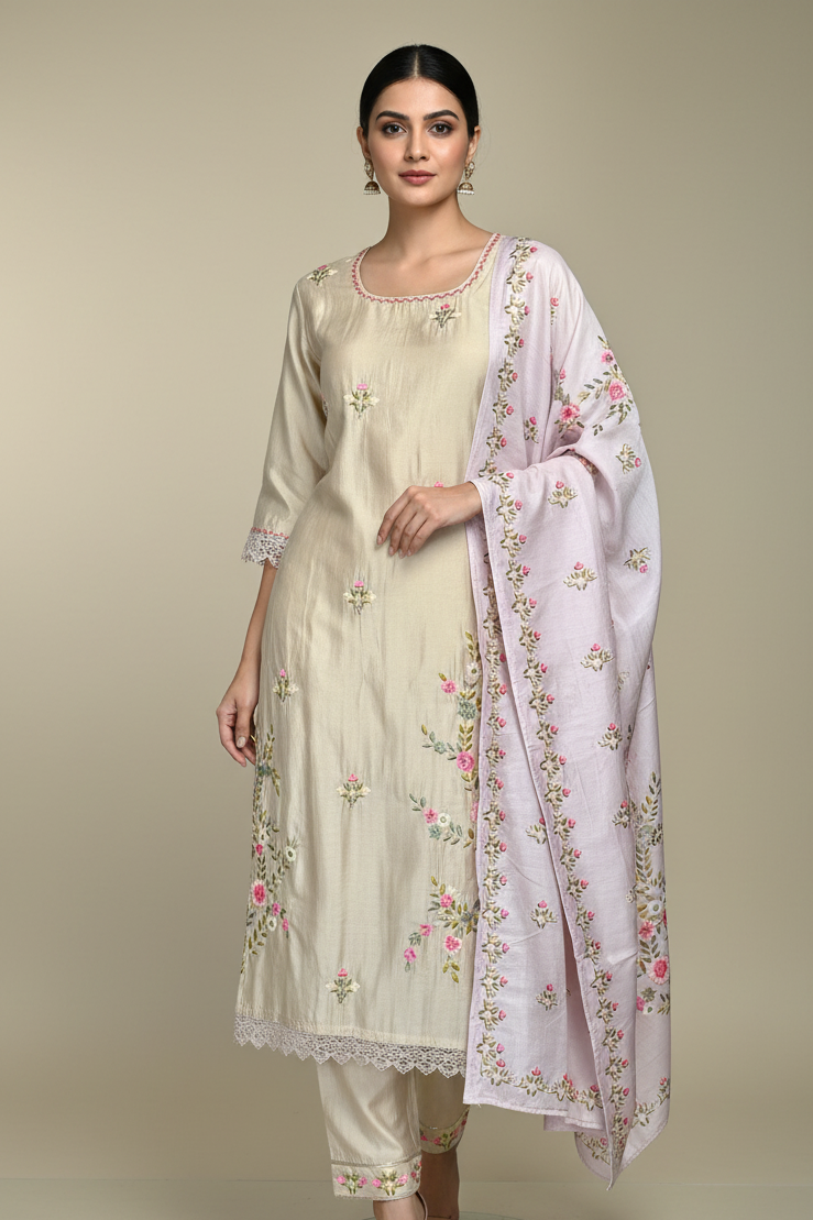 Pheran Beige Floral Embroidered Kurta Set with Light Pink Dupatta (A2-BEP-SU)