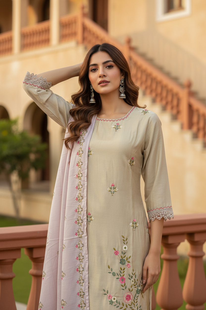 Pheran Beige Floral Embroidered Kurta Set with Light Pink Dupatta (A2-BEP-SU)