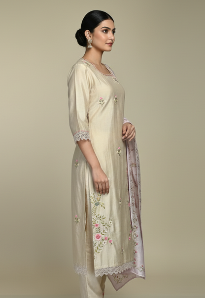 Pheran Beige Floral Embroidered Kurta Set with Light Pink Dupatta (A2-BEP-SU)