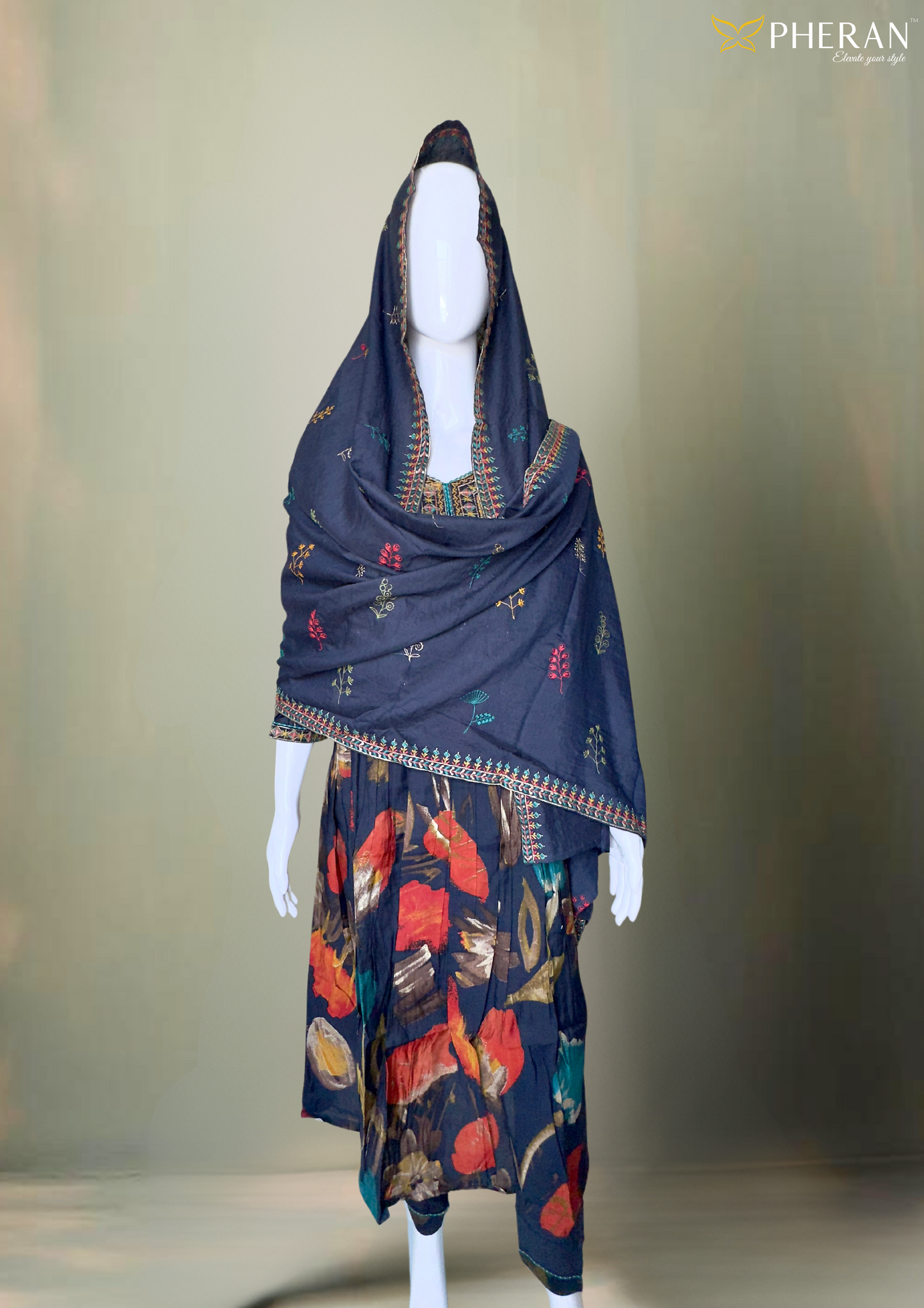 Pheran Navy Multicolored Printed Women's  Anarkali Kurta Set with Dupatta (M4-2224-NM-AK)