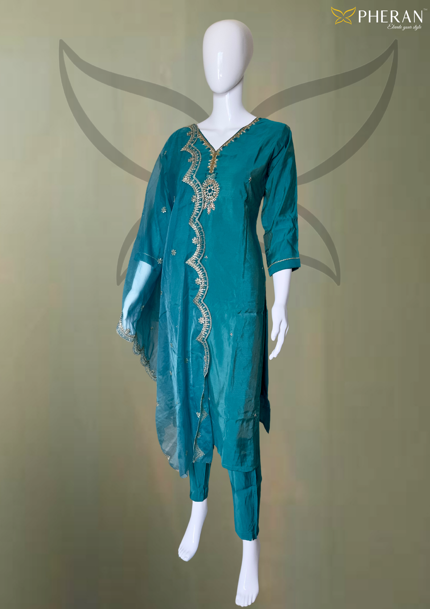 Pheran Women Teal Embroidered Kurta Set with Trousers and Dupatta (BO-DN-816)