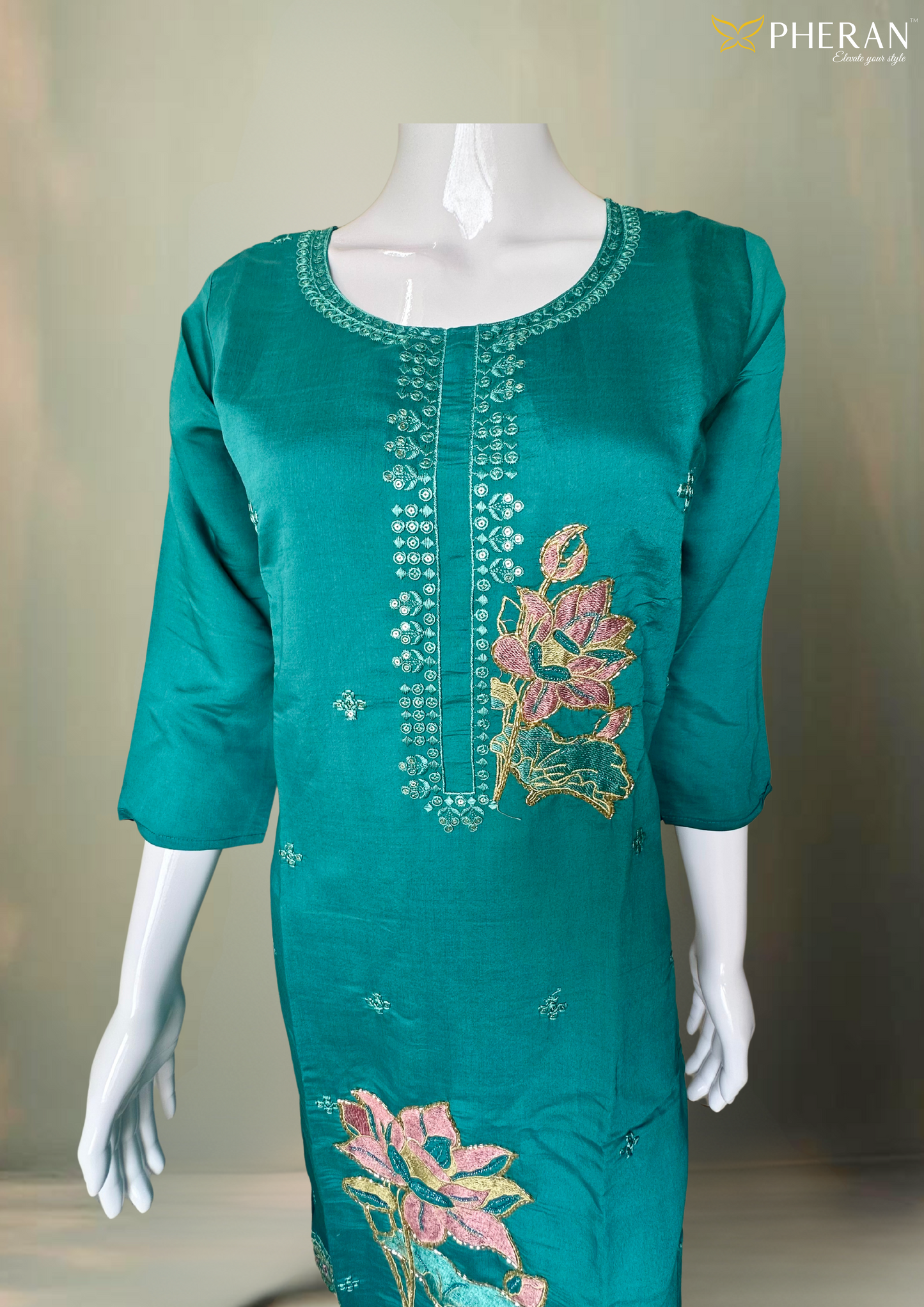 Pheran Teal Blue Floral Embroidered Kurta Set with Dupatta (A2-TAB-SU)