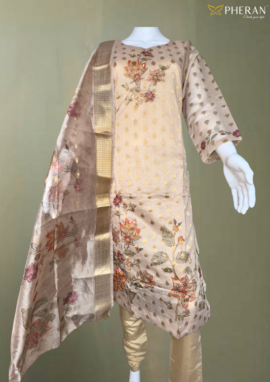 Pheran Beige Floral Embroidered Kurta Set with Printed Dupatta  (A2-BE-SU)