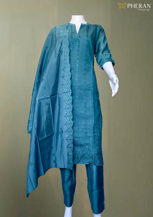 Pheran Premium Teal Embroidered Straight Suit Set (BO-4511-SK)
