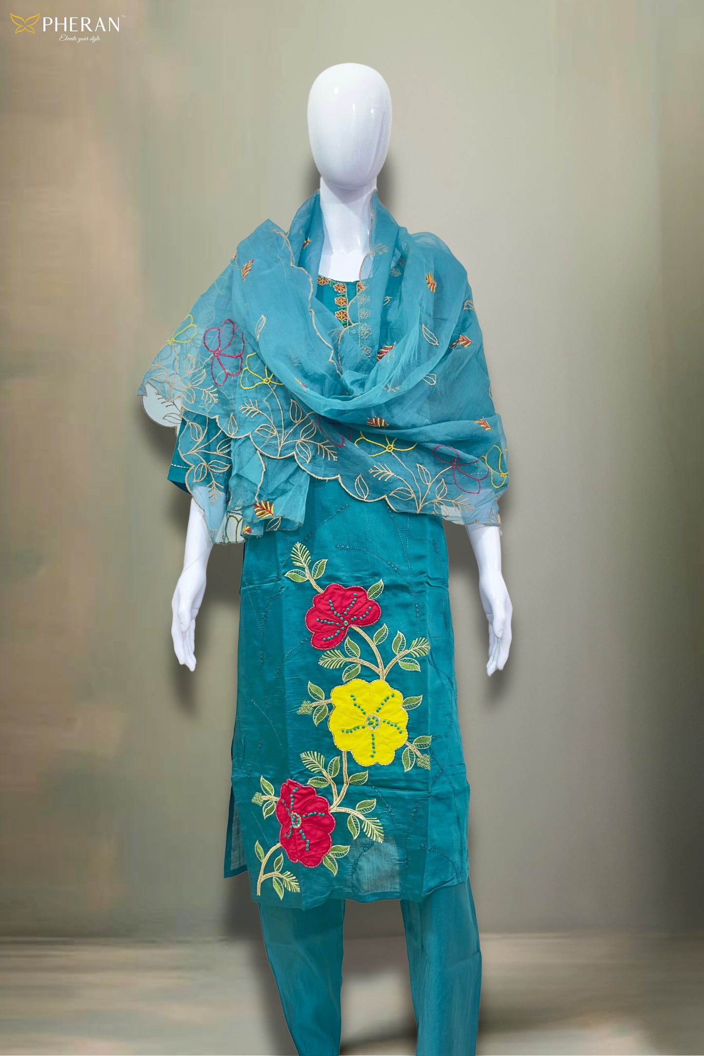 Pheran Teal Floral Embroidered Kurta Set with Organza Dupatta (A2-8TE-95S)