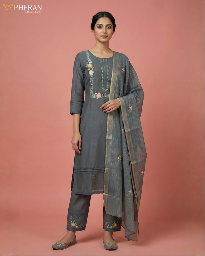 Pheran Charcoal Grey Floral Embroidered Kurta Set with Dupatta (SV-KL71-GR)