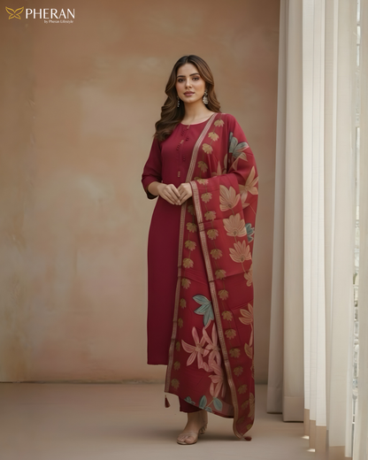 Pheran Women's Ruby Red Modal Suit Set with Floral Print Dupatta  AM75