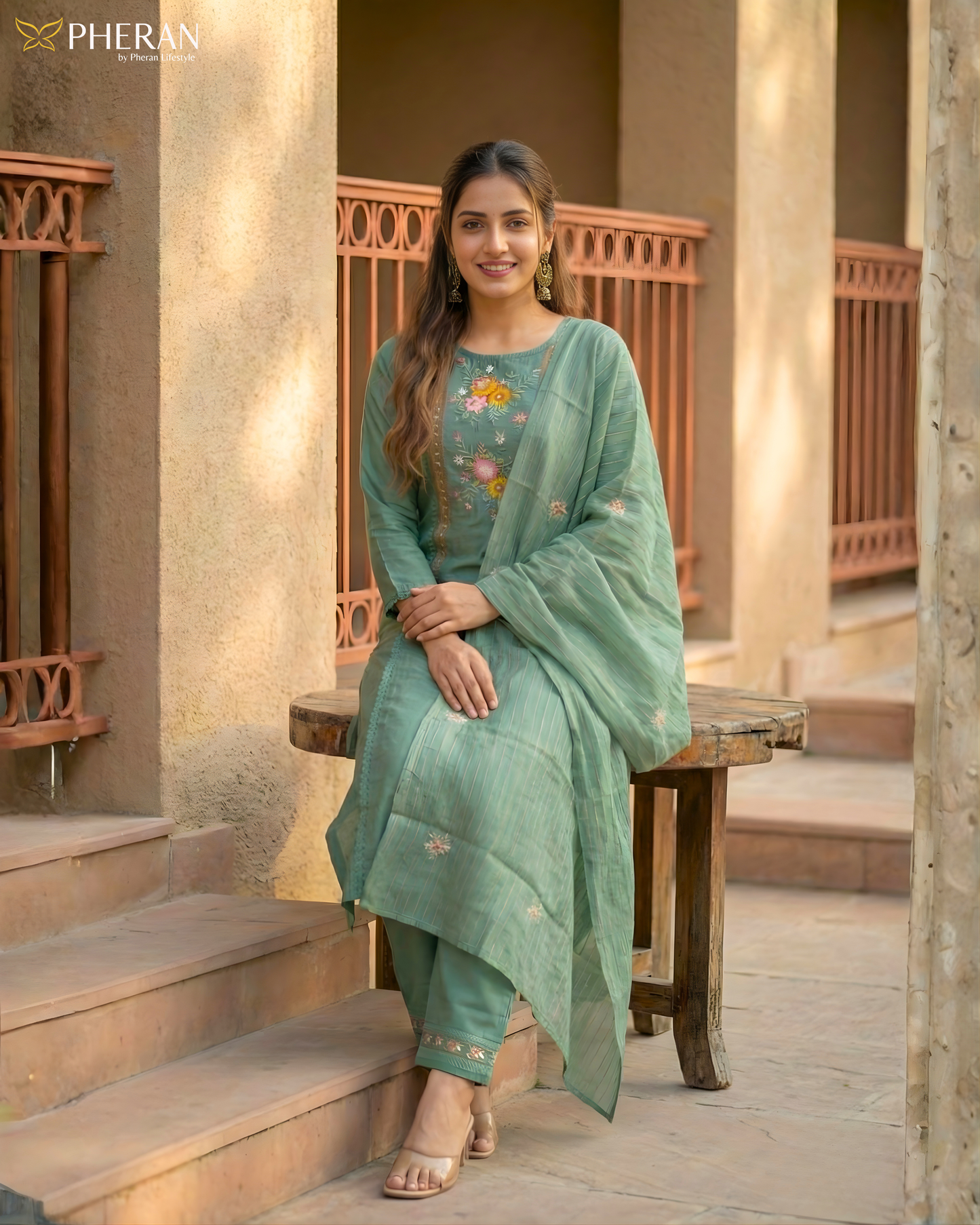 Pheran Verdant Green Embroidered Kurta Set with Dupatta (SV-KL75-GN)