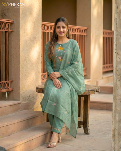 Pheran Verdant Green Embroidered Kurta Set with Dupatta (SV-KL75-GN)