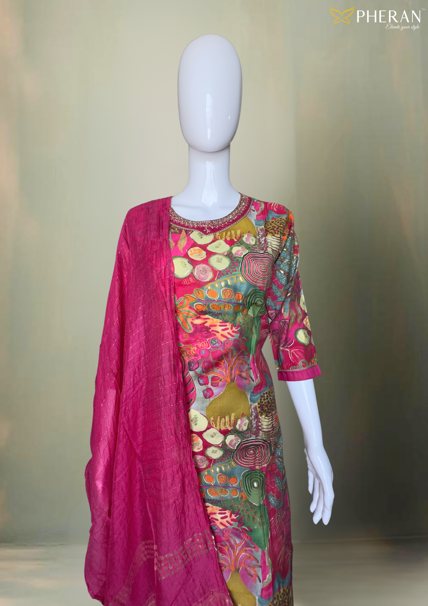 Pheran Multicolored Abstract Printed Kurta Set with Fuchsia Dupatta (M4-M100-MC-SU)